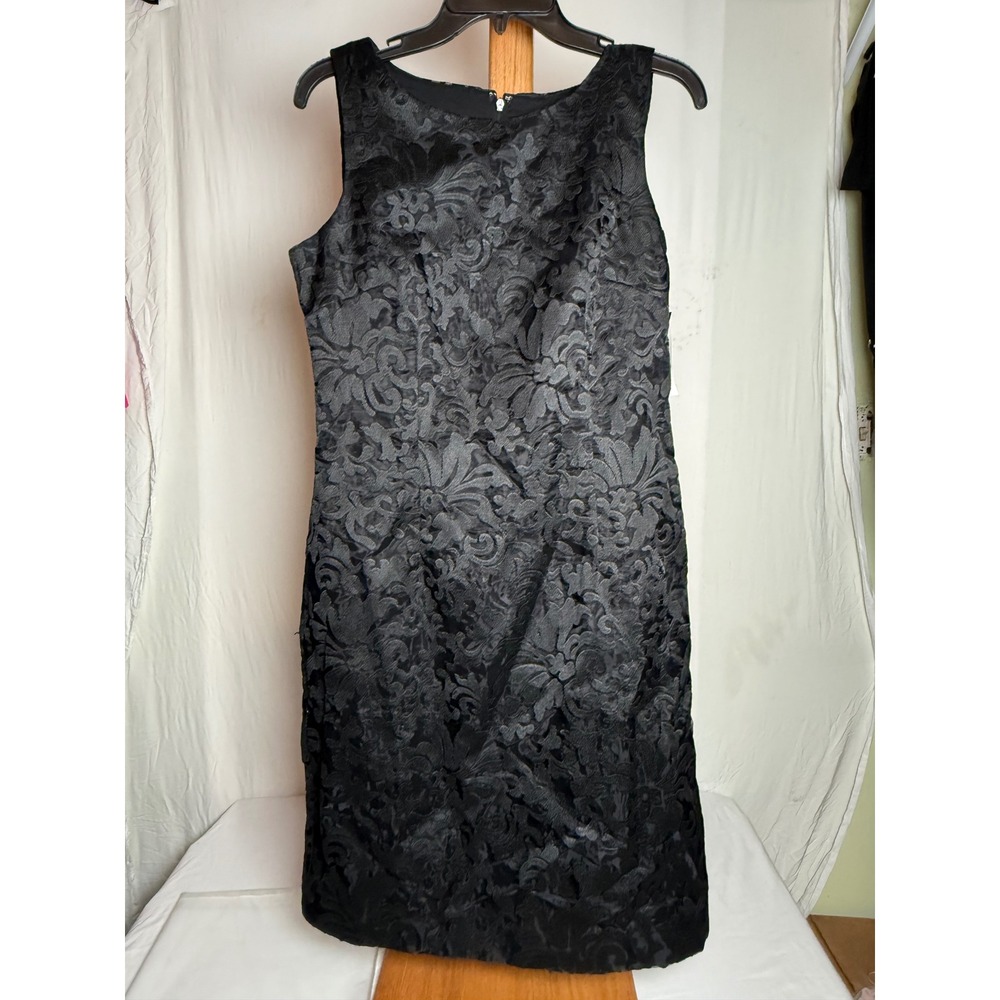 Leslie Fay Womens Black Floral Brocade Sheath Dress Sleeveless Cocktail NWT 8